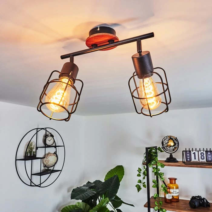 Hofstein Loedingen Deckenleuchte Schwarz, Holz dunkel, 2-flammig