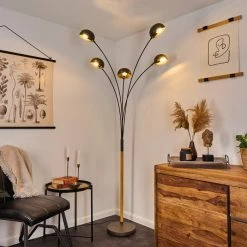 Hofstein Siamado Stehleuchte Nickel-Matt, Holz dunkel, 5-flammig